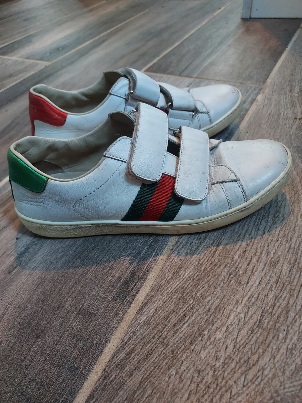 Gucci Kids White Leather Sneakers with Red & Green Heel Tabs